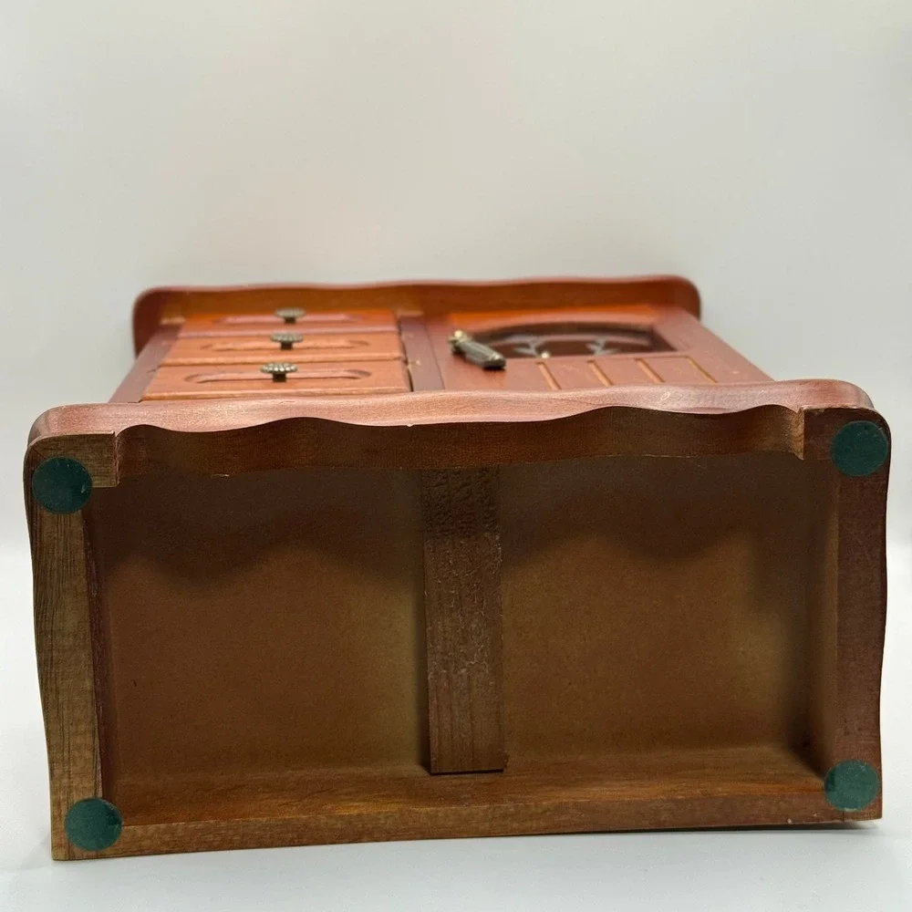 Vintage Wooden Jewelry Armoire Tabletop Chest 4 Drawers Etched Glass Carousel - Picture 13 of 16